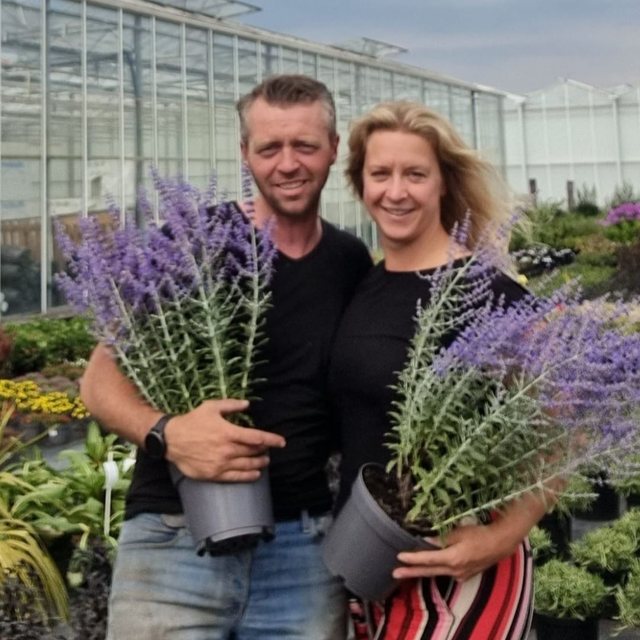 Stefan en Christel bij de kas, met Perovskia in pot